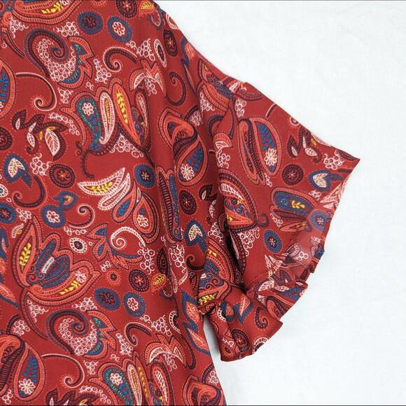 Loft Red Paisley Ruffle Top Short Sleeve Large Women's - Picture 6 of 9